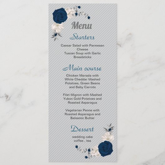marineblauw witte bloemen zilveren bladeren bruilo menu (Voorkant)
