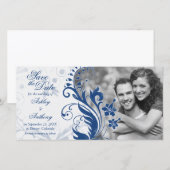 Marineblauw Witte Bloemige Foto Huwelijk Bewaar Da Save The Date (Voorkant / Achterkant)