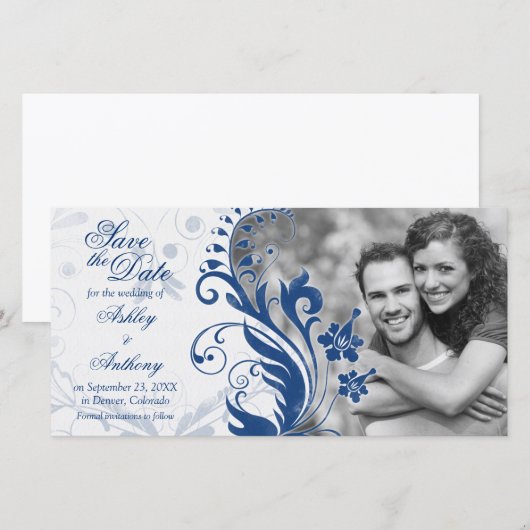 Marineblauw Witte Bloemige Foto Huwelijk Bewaar Da Save The Date (Voorkant / Achterkant)