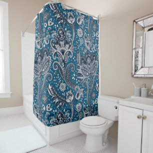 Marineblauw & Witte Bloemige Paisley Boheemse Boho Douchegordijn