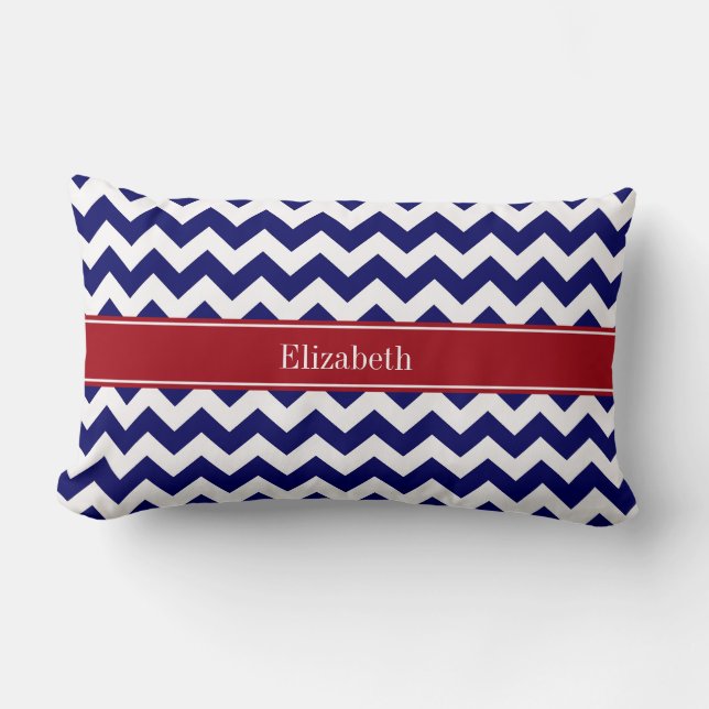 Marineblauw Witte Chevron Cranberry Naam Initiaal Kussen (Voorkant)