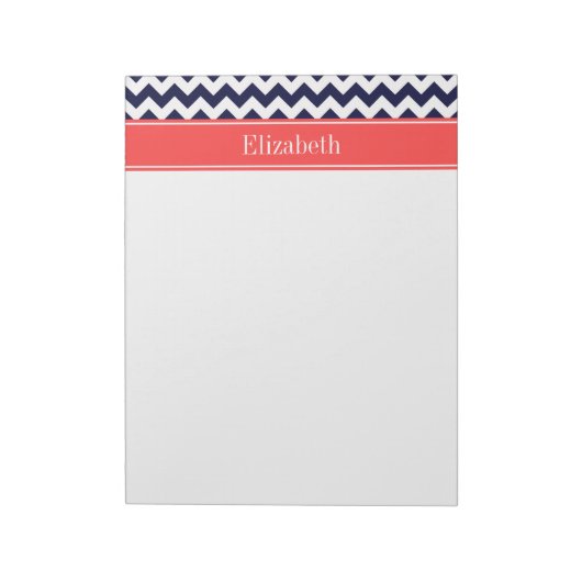 Marineblauw Witte Chevron Koraalrode Naam Monogram Notitieblok (Linkerzijde)