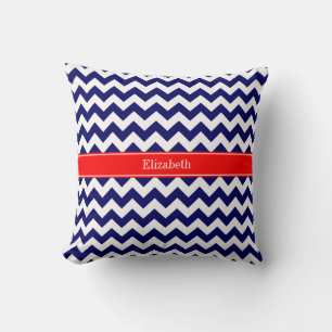 Marineblauw Witte Chevron Zig Zag Rode Naam Monogr Kussen