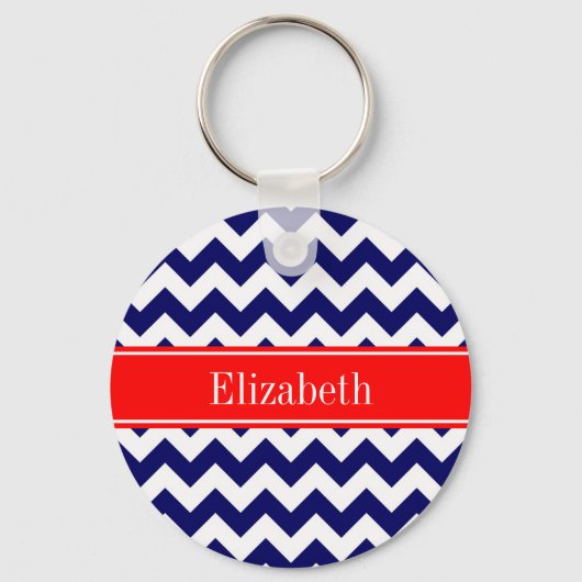 Marineblauw Witte Chevron Zig Zag Rode Naam Monogr Sleutelhanger (Voorkant)