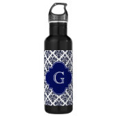  marineblauw-witte Damask #3 Monogram Waterfles (Voorkant)