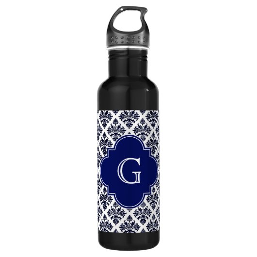  marineblauw-witte Damask #3 Monogram Waterfles (Voorkant)
