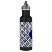  marineblauw-witte Damask #3 Monogram Waterfles (Links)