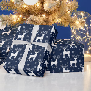 Marineblauw & Witte Festive Kerst Rendier Patroon Cadeaupapier