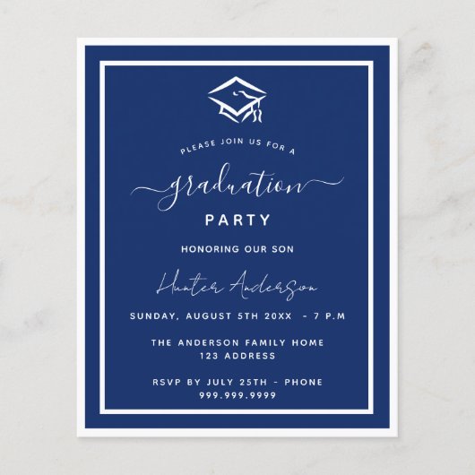 Marineblauw-witte graduatie party budget uitnodigi flyer (Voorkant)