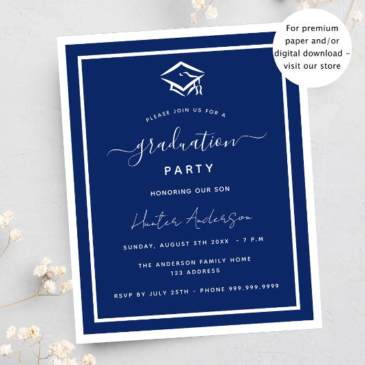 Marineblauw-witte graduatie party budget uitnodigi flyer