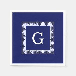Marineblauw Witte Griekse Sleutel #1 Omlijst Monog Servetten