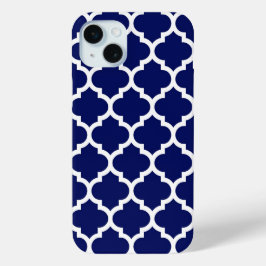 Marineblauw Witte Marokkaanse Quatrefoil Patroon # iPhone 15 Mini Hoesje