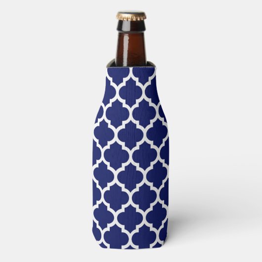 Marineblauw Witte Marokkaanse Quatrefoil Patroon # Flesjeskoeler (Fles Voorkant)