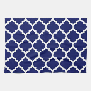 Marineblauw Witte Marokkaanse Quatrefoil Patroon # Theedoek