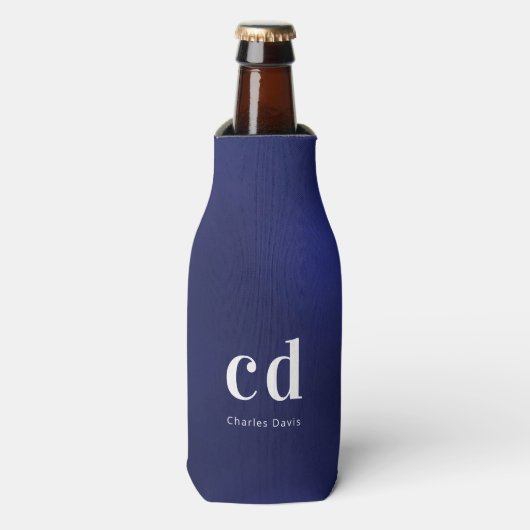 Marineblauw witte monogram initiaal naam maritiem flesjeskoeler (Fles Voorkant)