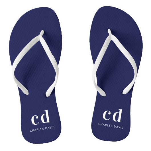 Marineblauw witte monogram initialen naam teenslippers (Voetbed)