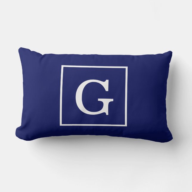 Marineblauw Witte Omlijst Initiaal Monogram Kussen (Voorkant)