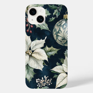 Marineblauw Witte Poinsettia Hulst Kerstmis Case-Mate iPhone 14 Hoesje
