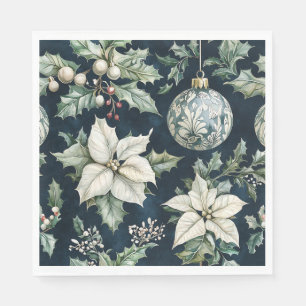 Marineblauw Witte Poinsettia Hulst Kerstmis Servet