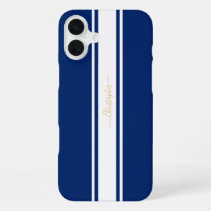 Marineblauw Witte Racing Strepen Gouden Monogram iPhone 16 Plus Hoesje