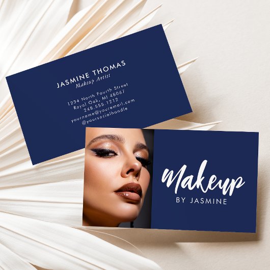 Marineblauw Witte Script Foto Make-up Visitekaartje