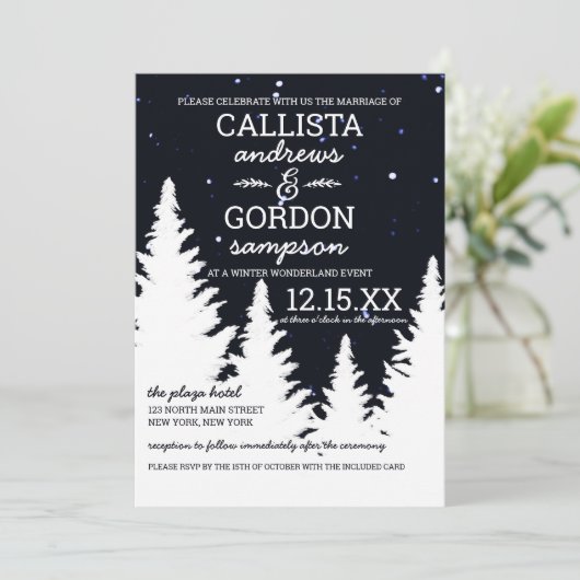 Marineblauw Witte Sneeuw Winter Wonderland Bruilof Kaart (Staand voorkant)