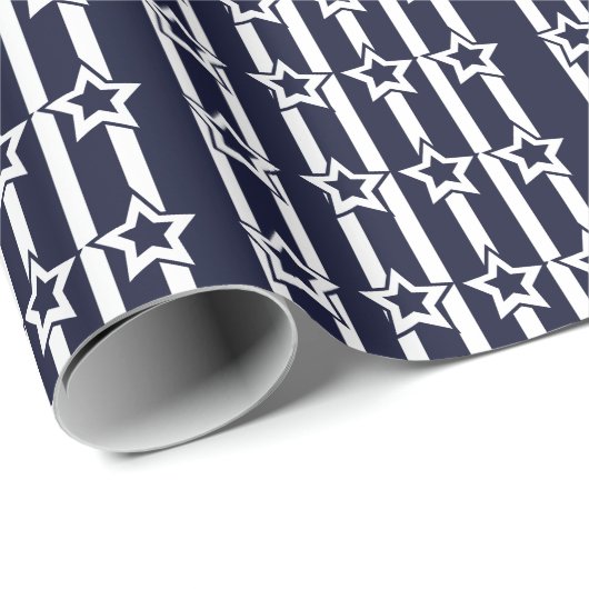 Marineblauw Witte Ster Strepen Cadeaupapier (Rol Hoek)