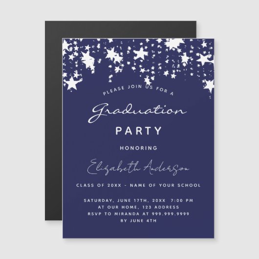 Marineblauw witte sterren Afstudeerfeest luxe Magnetische Uitnodiging (Voorkant / Achterkant)
