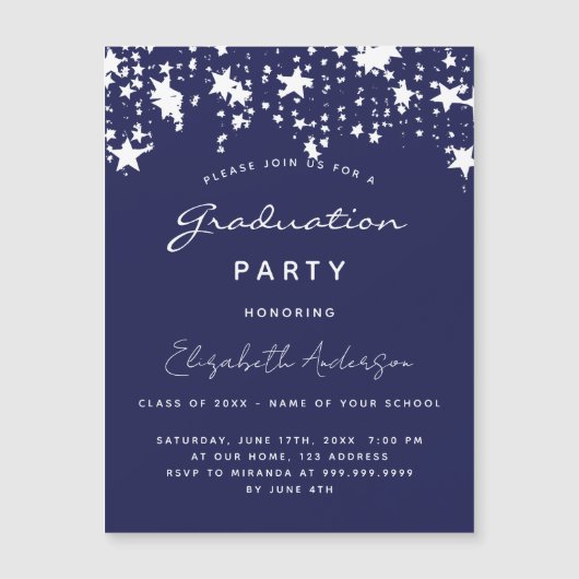 Marineblauw witte sterren Afstudeerfeest luxe Magnetische Uitnodiging (Voorkant)