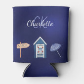Marineblauw witte strand zwembad monogram blikjeskoeler (Voorkant)