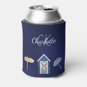 Marineblauw witte strand zwembad monogram blikjeskoeler (Blikje Achterkant)