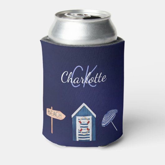 Marineblauw witte strand zwembad monogram blikjeskoeler (Blikje Achterkant)