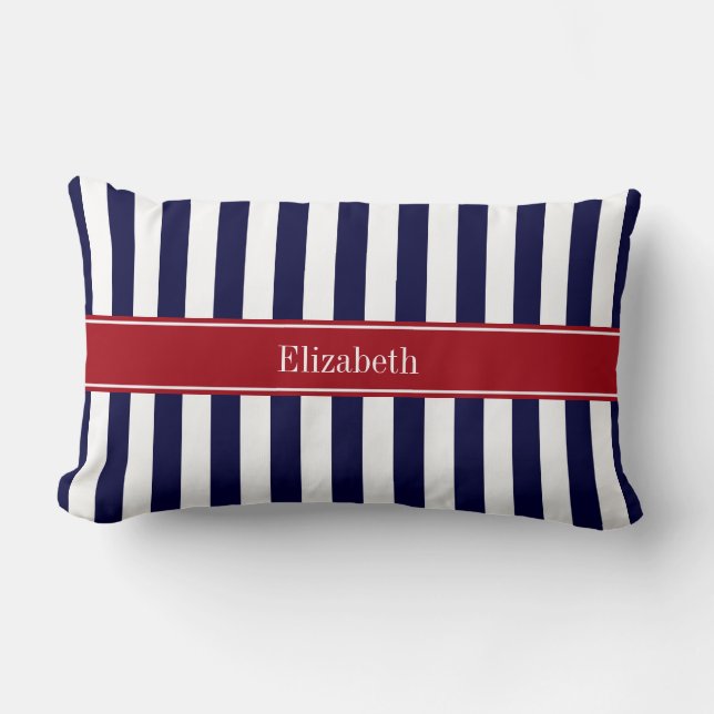 Marineblauw Witte Streep Cranberry Naam Monogram Kussen (Voorkant)