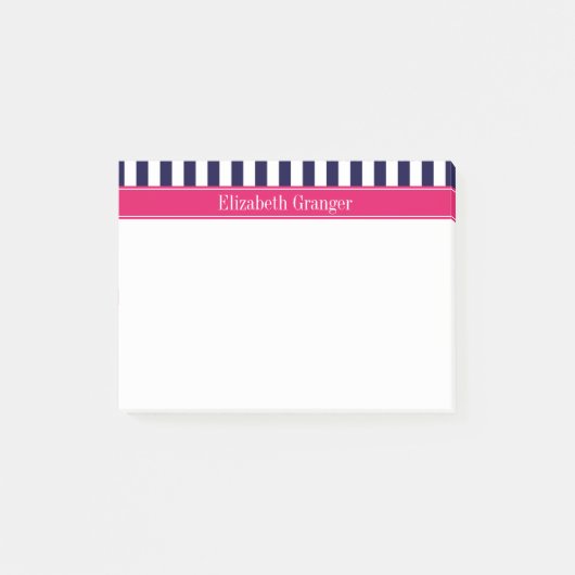 Marineblauw Witte Streep Framboos Naam Initiaalmon Post-it® Notes (Voorkant)