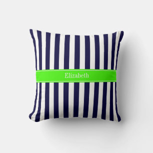 Marineblauw Witte Streep Lime Naam Monogram Kussen