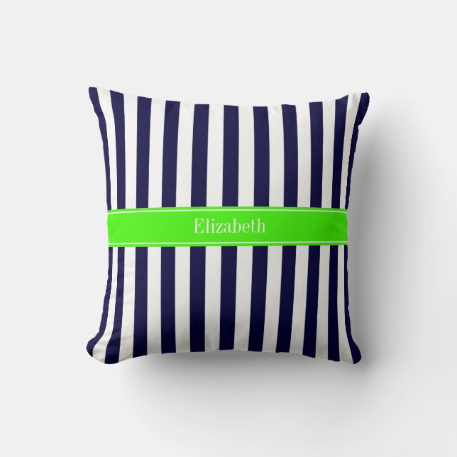 Marineblauw Witte Streep Lime Naam Monogram Kussen (Voorkant)