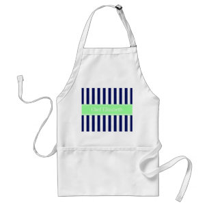 Marineblauw Witte Streep Mintgroene Naam Monogram Standaard Schort