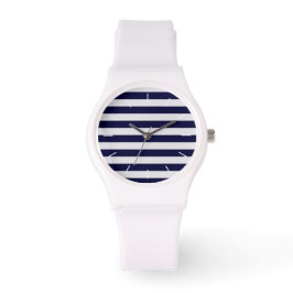 Marineblauw/witte streep nautisch horloge