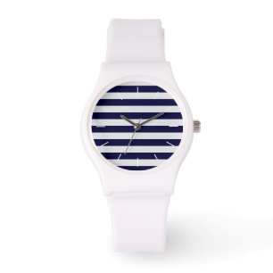 Marineblauw/witte streep nautisch horloge