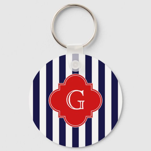 Marineblauw Witte Streep Rode Quatrefoil Monogram Sleutelhanger (Voorkant)