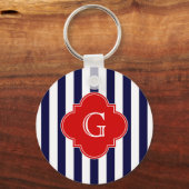 Marineblauw Witte Streep Rode Quatrefoil Monogram Sleutelhanger (Voorkant)
