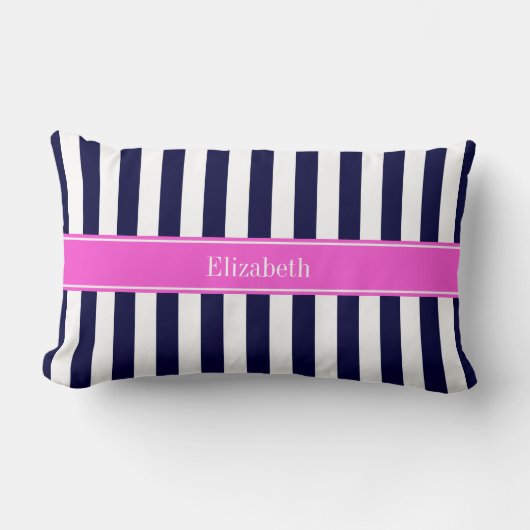 Marineblauw Witte Streep Roze Naam Monogram Kussen (Voorkant)
