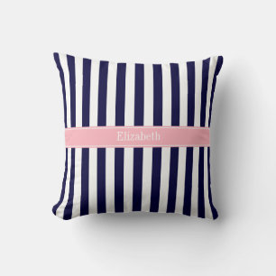 Marineblauw Witte Streep Roze Naam Monogram Kussen