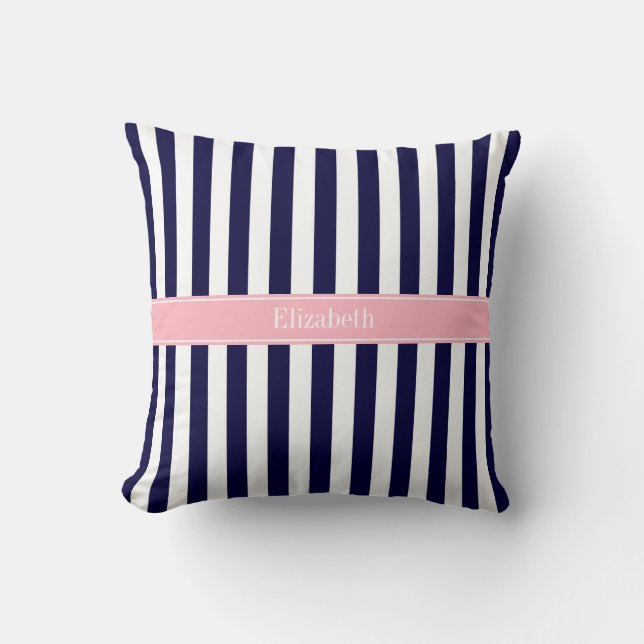 Marineblauw Witte Streep Roze Naam Monogram Kussen (Voorkant)