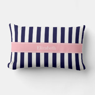 Marineblauw Witte Streep Roze Naam Monogram Kussen