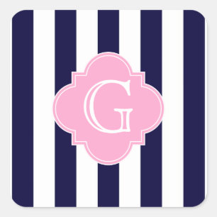 Marineblauw Witte Streep Roze Quatrefoil Monogram Vierkante Sticker