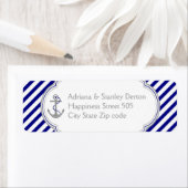 Marineblauw, witte strepen & anker nautische bruil etiket (Insitu)