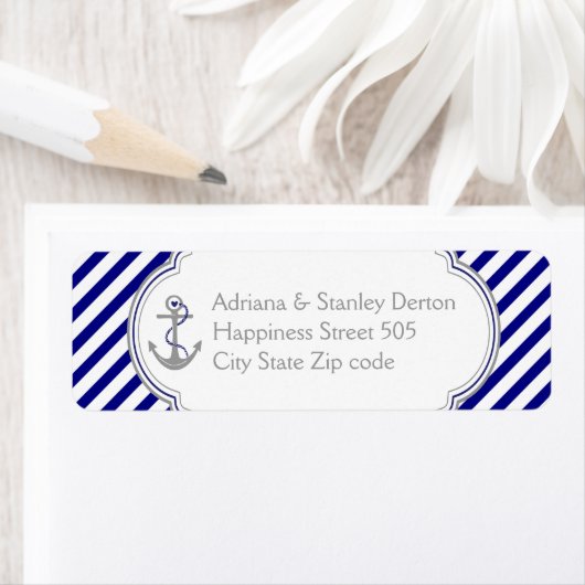 Marineblauw, witte strepen & anker nautische bruil etiket (Insitu)