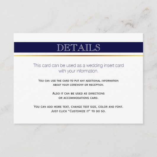 Marineblauw & witte strepen gouden bruiloft invoeg informatiekaartje (Voorkant)