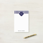 Marineblauw Witte Strepen, Marineblauw Label Monog Post-it® Notes (Op bureau)